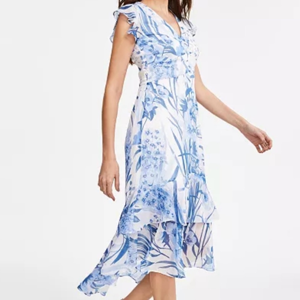 🆕 Tommy Hilfiger Blue Floral Asymmetrical Ruffle Midi Dress – Size 12
